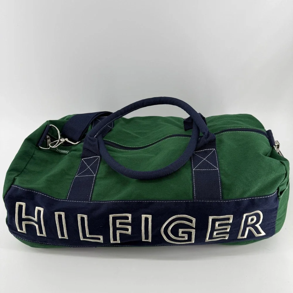 Tommy Hilfiger Duffle Bag L Green Navy Colorblock Cotton Embroidered Logo